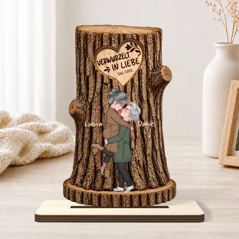 [3D-Optik] Verwurzelt In Liebe - Personalisierte Geschenke Paar | Holzaufsteller Mit Standfuß