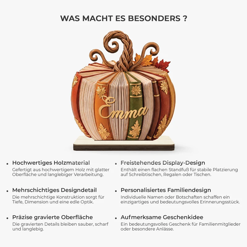 Kürbis Bücher - Personalisiertes Geschenk | Holzaufsteller Mit Standfuß Für Leseratten Frauen Männer Herbst