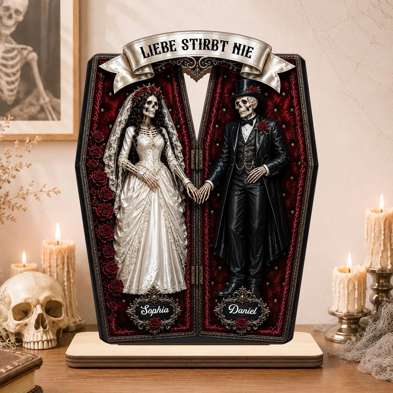 [3D-Optik] Halloween Sarg Mit Skelett - Personalisierte Geschenke Paar | Holzaufsteller Mit Standfuß