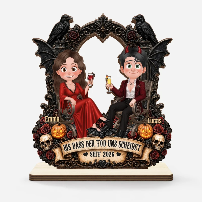 [3D-Optik] Bis Dass Der Tod Uns Scheidet - Personalisierte Geschenke Paar | Holzaufsteller Mit Standfuß Cartoon Halloween