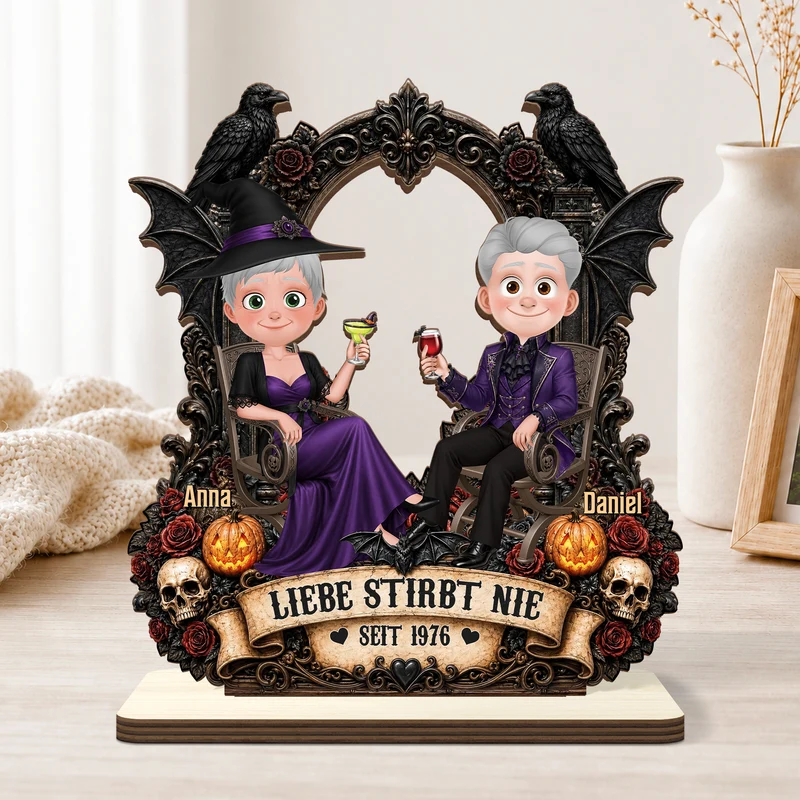 [3D-Optik] Bis Dass Der Tod Uns Scheidet - Personalisierte Geschenke Paar | Holzaufsteller Mit Standfuß Cartoon Halloween