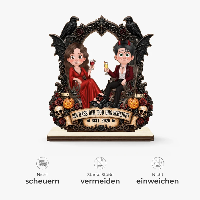 [3D-Optik] Bis Dass Der Tod Uns Scheidet - Personalisierte Geschenke Paar | Holzaufsteller Mit Standfuß Cartoon Halloween