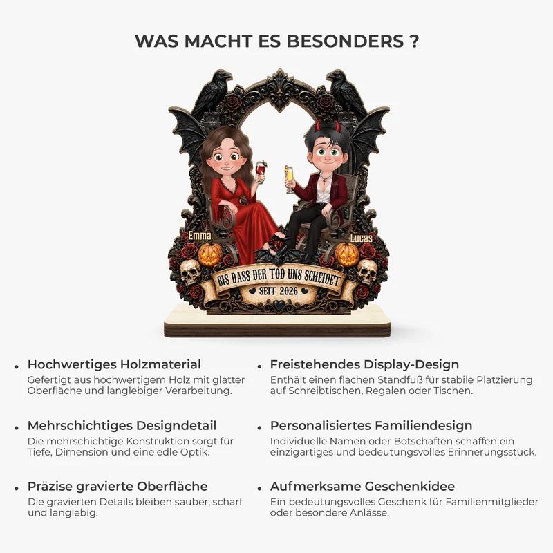 [3D-Optik] Bis Dass Der Tod Uns Scheidet - Personalisierte Geschenke Paar | Holzaufsteller Mit Standfuß Cartoon Halloween