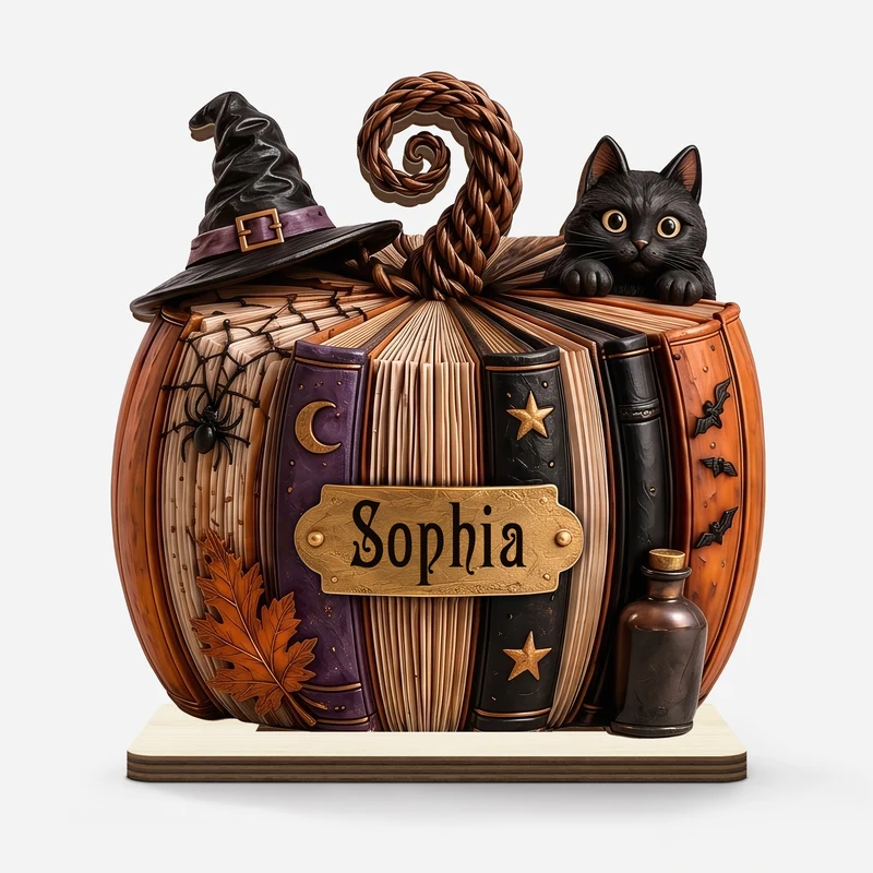 Halloween Kürbis Bücher - Personalisiertes Geschenk | Holzaufsteller Mit Standfuß