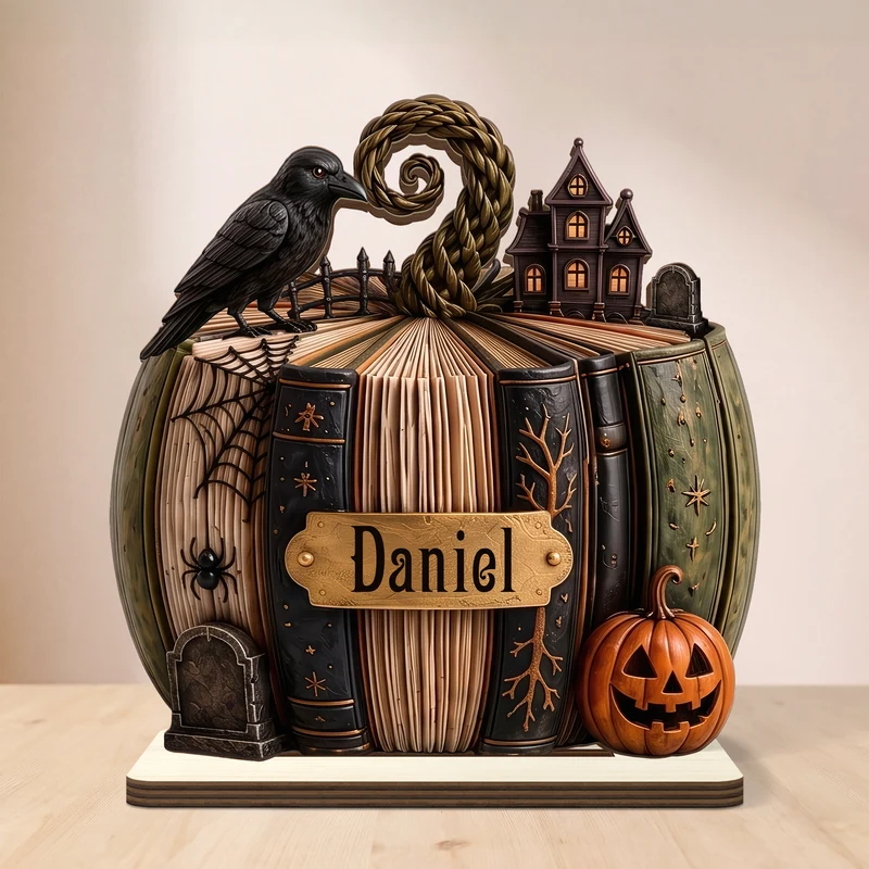 Halloween Kürbis Bücher - Personalisiertes Geschenk | Holzaufsteller Mit Standfuß