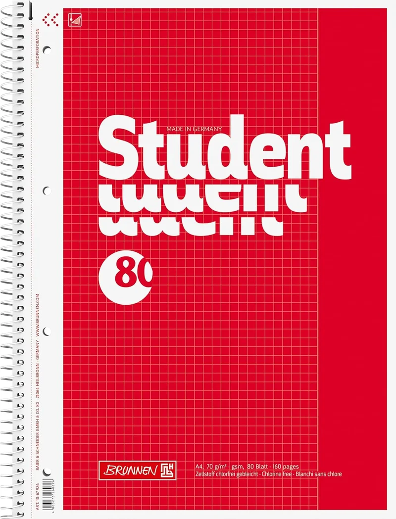 Premium Collegeblock A4 kariert - 80 Blatt mit Spiralbindung und Microperforation