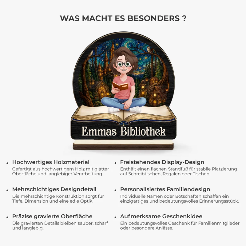 Bibliothek - Personalisierte Geschenke Für Leseratten | Holzaufsteller Mit Standfuß Frauen Männer