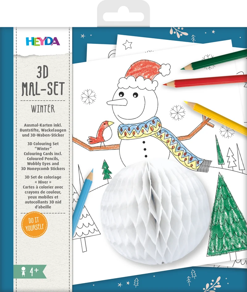 3D Malset Winter - 4 Karten mit Buntstiften & 3D-Stickern