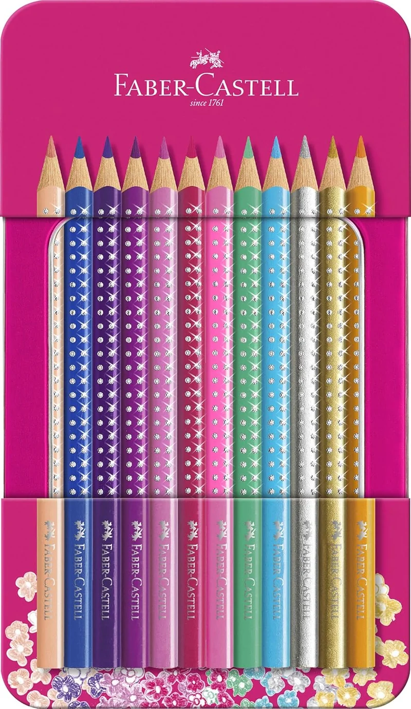 Faber-Castell Sparkle Buntstifte Kalender 2026 - Pink Metalldose mit 12 Glitzer-Buntstiften