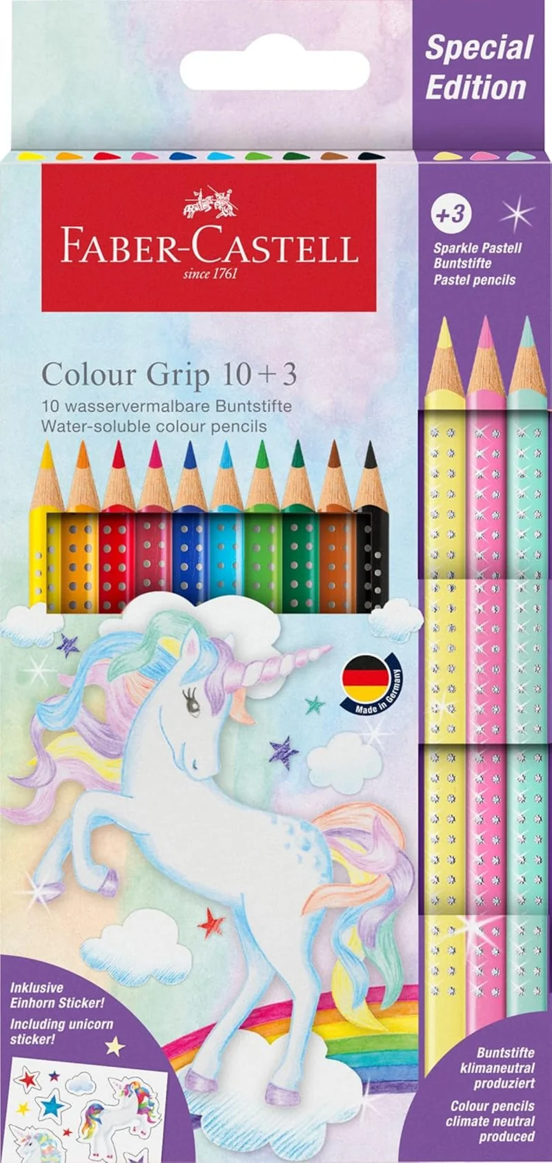 FABER-CASTELL 201542 Buntstifte Set Einhorn Colour Grip - 13-teilig mit Sparkle Pastell Stiften