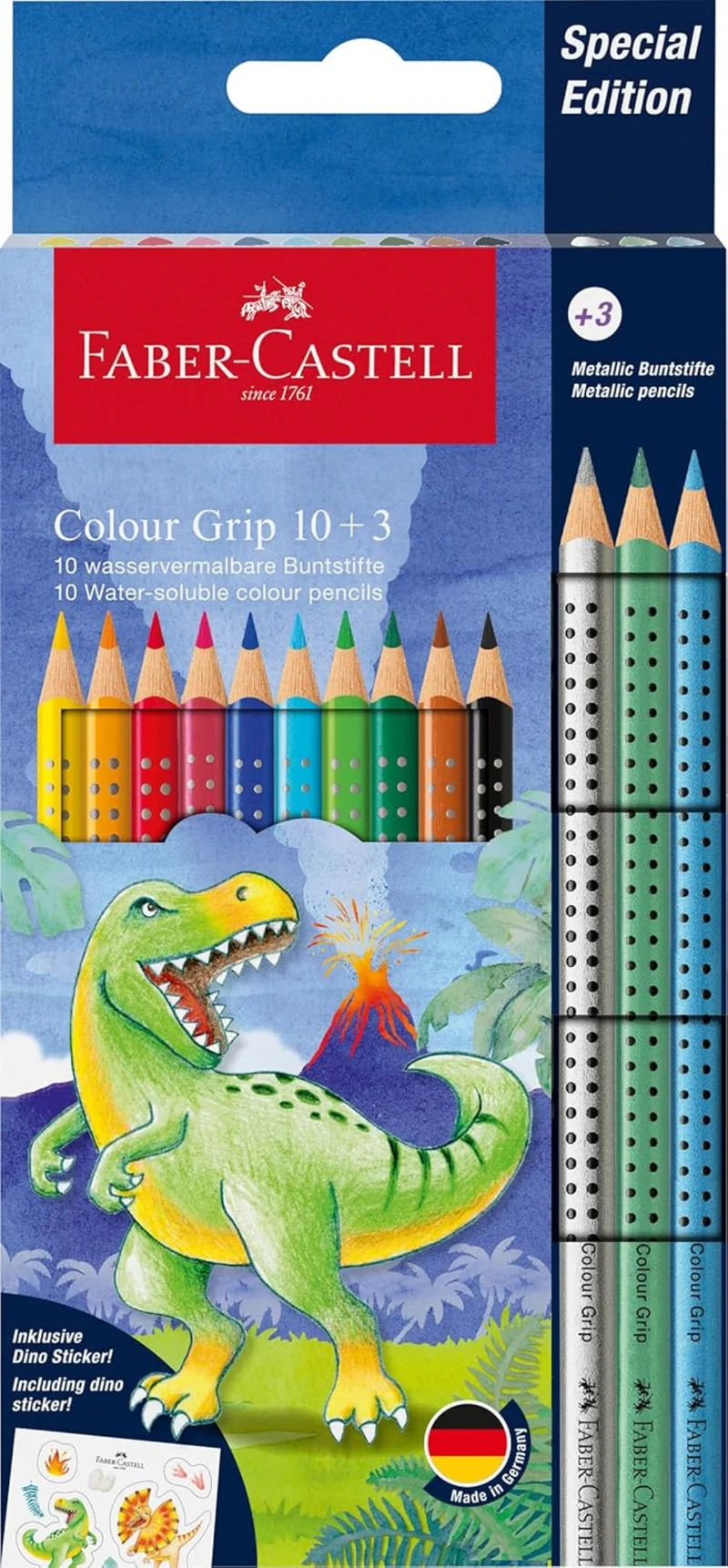 FABER-CASTELL 201545 Buntstifte Set Dino Colour Grip - 13-teilig mit Metallic Stiften