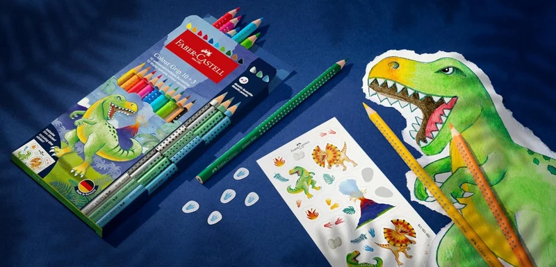 FABER-CASTELL 201545 Buntstifte Set Dino Colour Grip - 13-teilig mit Metallic Stiften