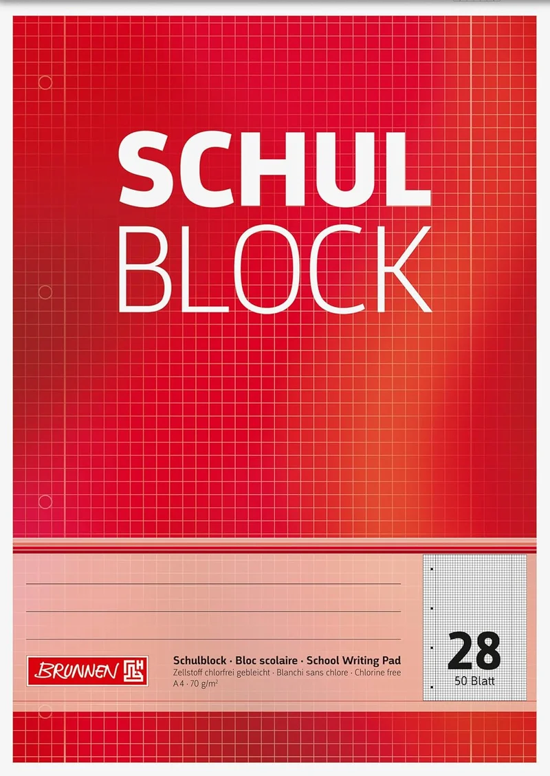 Brunnen Schulblock A4 kariert mit Randlinien - 50 Blatt, 70g/m², gelocht, kopfverleimt