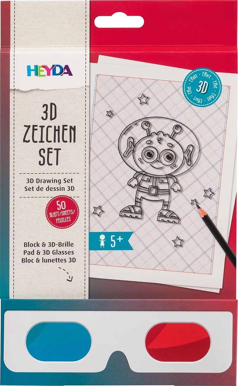 HEYDA 3D Zeichenblock mit 3D-Brille - 50 Blatt