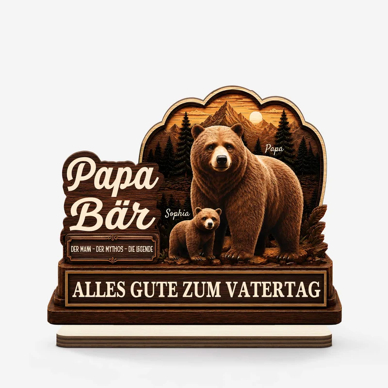 [3D-Optik] Papa Bär Vatertag - Personalisiertes Geschenk | Holzaufsteller Mit Standfuß Papa Opa
