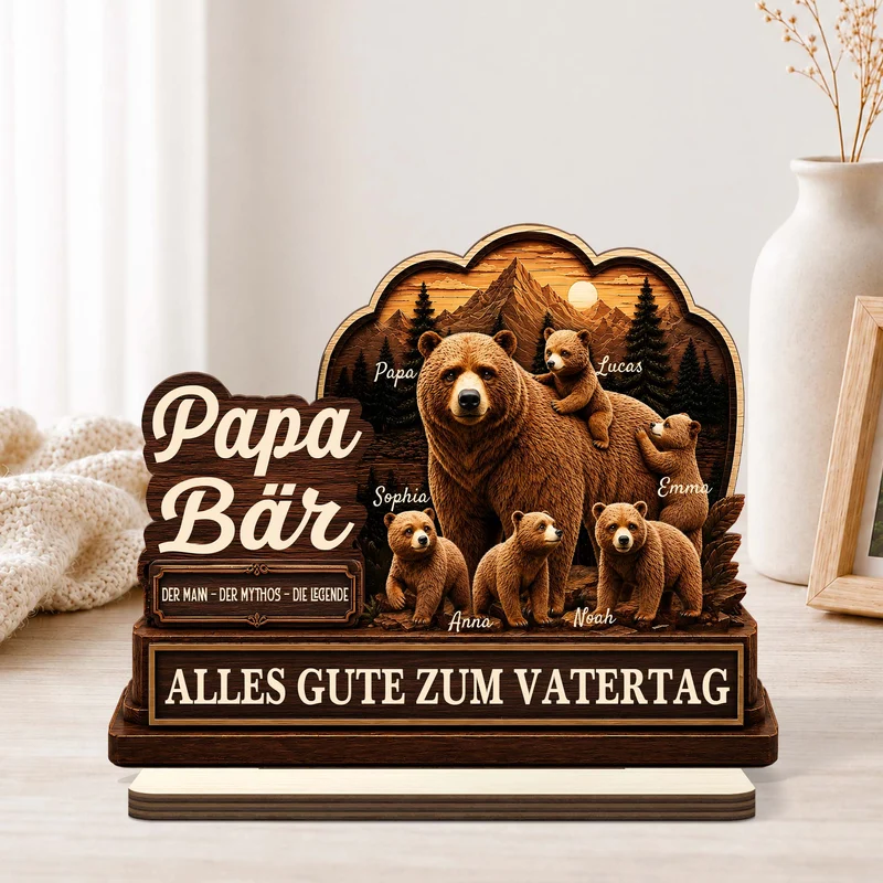 [3D-Optik] Papa Bär Vatertag - Personalisiertes Geschenk | Holzaufsteller Mit Standfuß Papa Opa