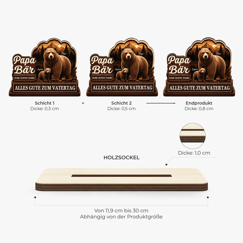 [3D-Optik] Papa Bär Vatertag - Personalisiertes Geschenk | Holzaufsteller Mit Standfuß Papa Opa