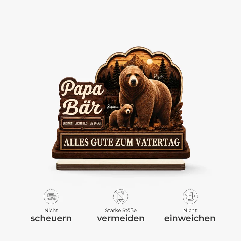 [3D-Optik] Papa Bär Vatertag - Personalisiertes Geschenk | Holzaufsteller Mit Standfuß Papa Opa