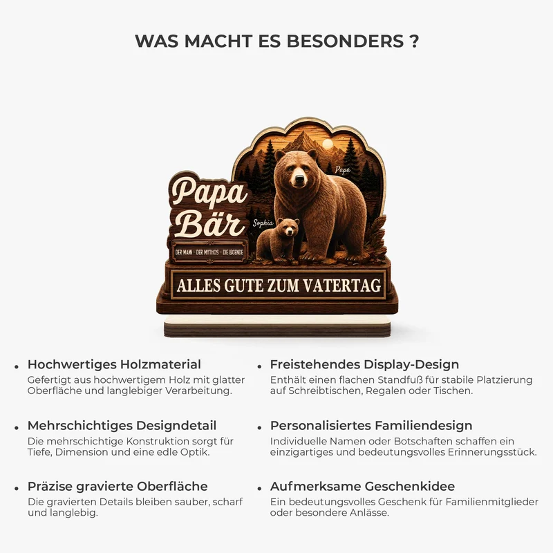[3D-Optik] Papa Bär Vatertag - Personalisiertes Geschenk | Holzaufsteller Mit Standfuß Papa Opa