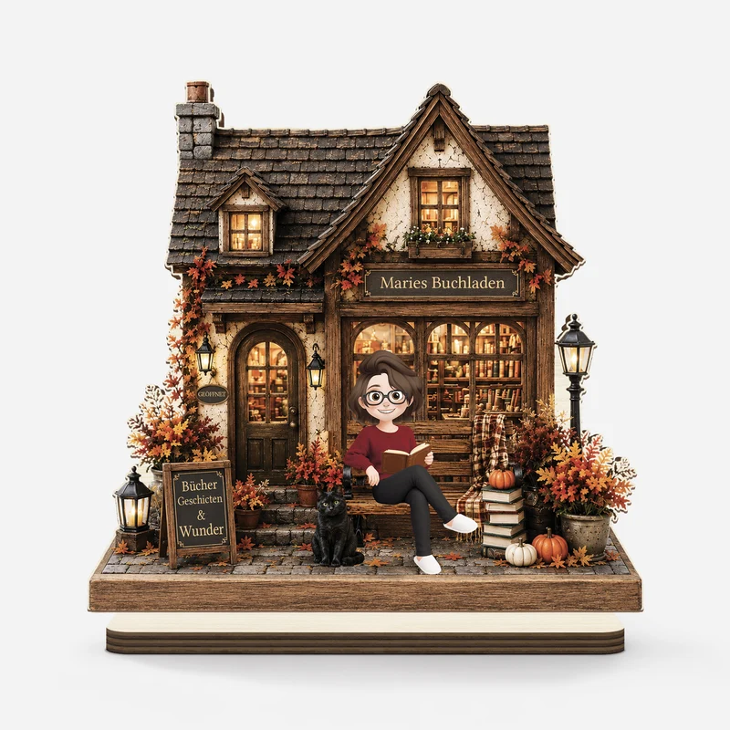 [3D-Optik] Buchladen - Personalisiertes Geschenk | Holzaufsteller Mit Standfuß Für Leseratten Frauen Männer Herbst