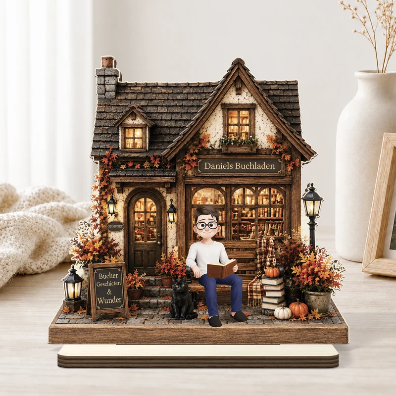 [3D-Optik] Buchladen - Personalisiertes Geschenk | Holzaufsteller Mit Standfuß Für Leseratten Frauen Männer Herbst