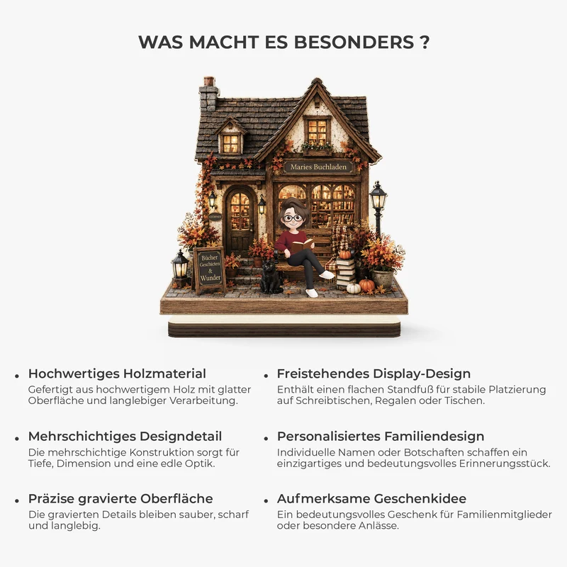 [3D-Optik] Buchladen - Personalisiertes Geschenk | Holzaufsteller Mit Standfuß Für Leseratten Frauen Männer Herbst