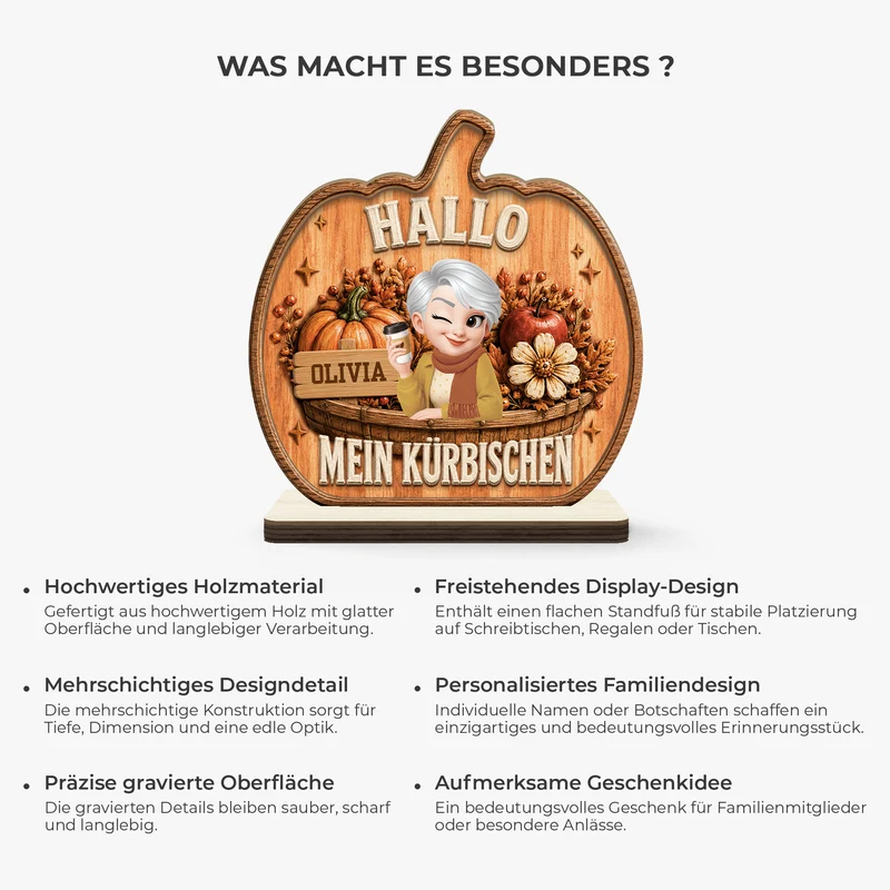 Hallo Mein Kürbischen - Personalisiertes Geschenk | Holzaufsteller Mit Standfuß Frauen