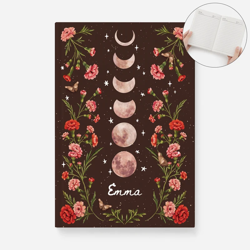 Mondphasen + Blumen - Personalisierte Geschenke Frauen | Notizbuch A5