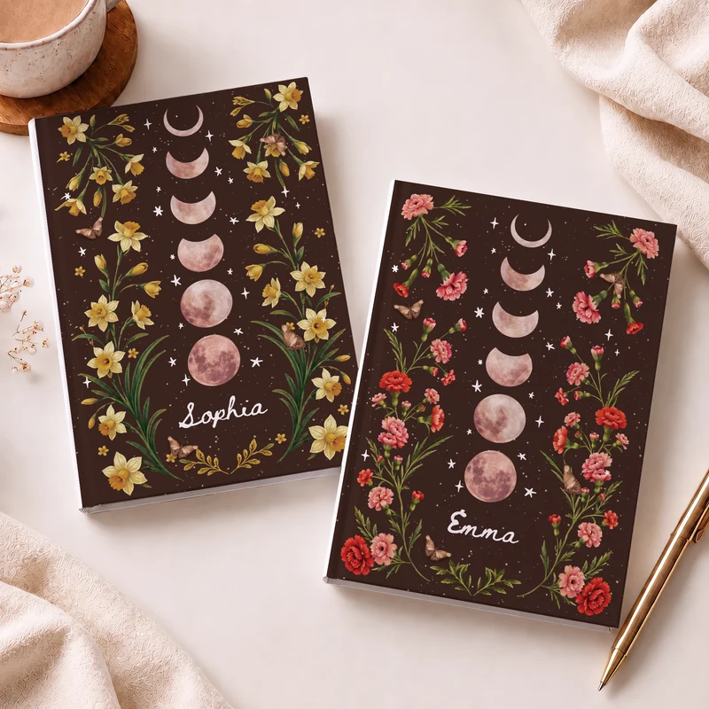 Mondphasen + Blumen - Personalisierte Geschenke Frauen | Notizbuch A5