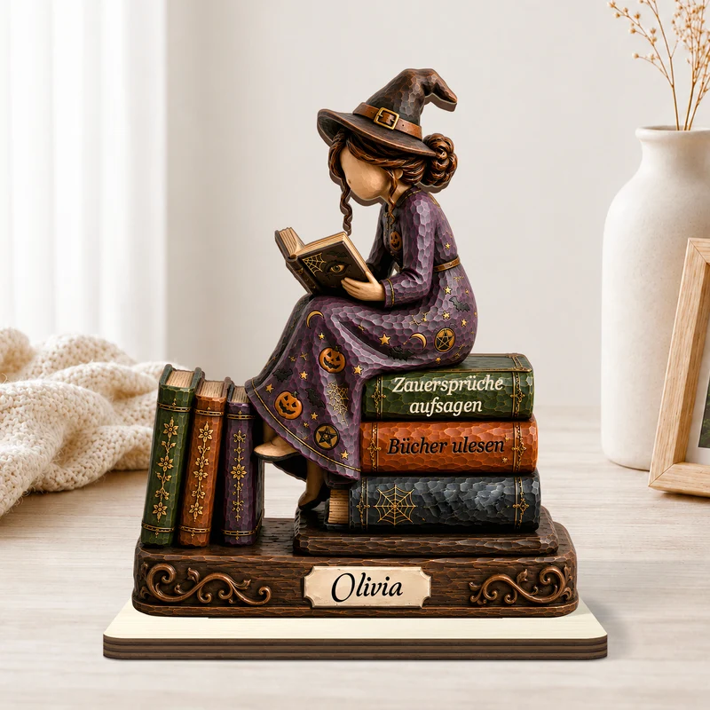 [3D-Optik] Nur Eine Hexe Die Bücher Liebt - Personalisiertes Geschenk | Holzaufsteller Mit Standfuß Halloween