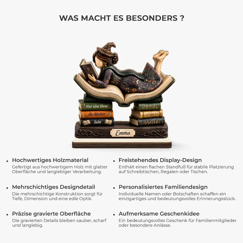 [3D-Optik] Nur Eine Hexe Die Bücher Liebt - Personalisiertes Geschenk | Holzaufsteller Mit Standfuß Halloween