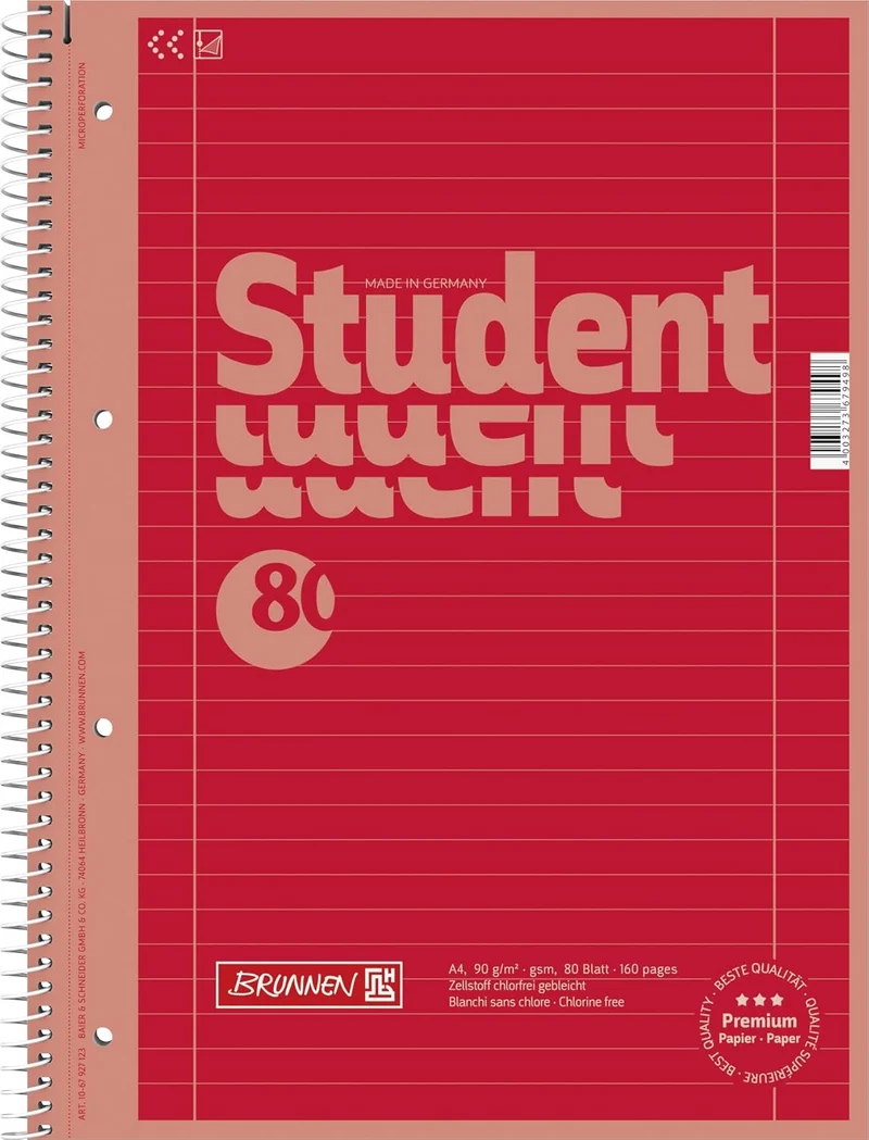 BRUNNEN Premium Collegeblock A4 - Rot mit Matt-Glanz-Effekt, 80 Blatt Premiumpapier