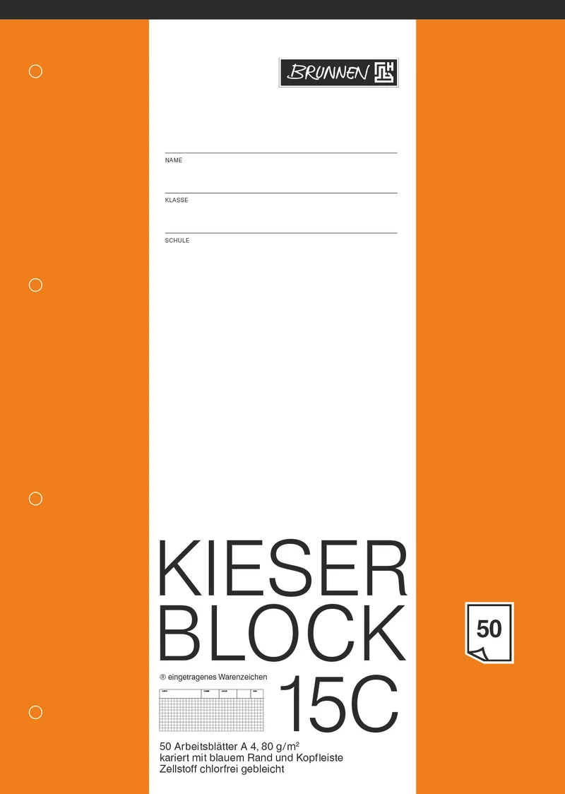 BRUNNEN KIESER-Block DIN A4 Lineatur 15C kariert 50 Blatt