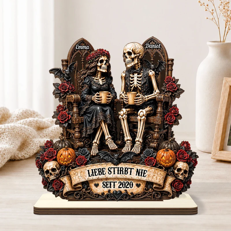 Liebe Stirbt Nie - Personalisierte Geschenke Paar | Holzaufsteller Mit Standfuß Halloween