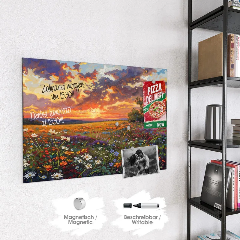 Glas Magnettafel - Wildblumen im Abendrot