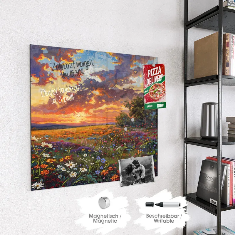 Glas Magnettafel - Wildblumen im Abendrot