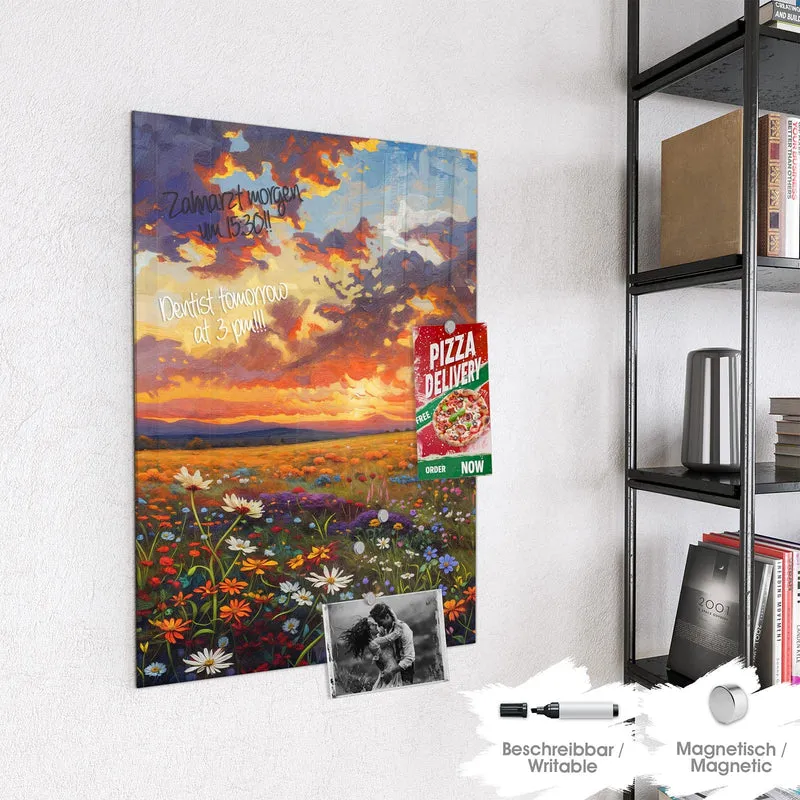 Glas Magnettafel - Wildblumen im Abendrot