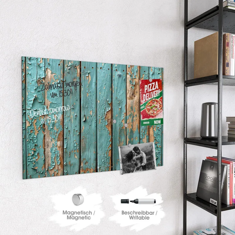 Glas Magnettafel - Türkise Farbe auf Holz