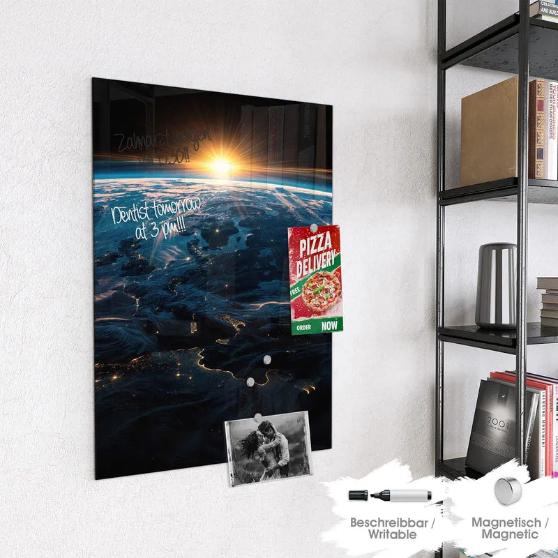 Glas Magnettafel - Erde mit Stadtlichtern