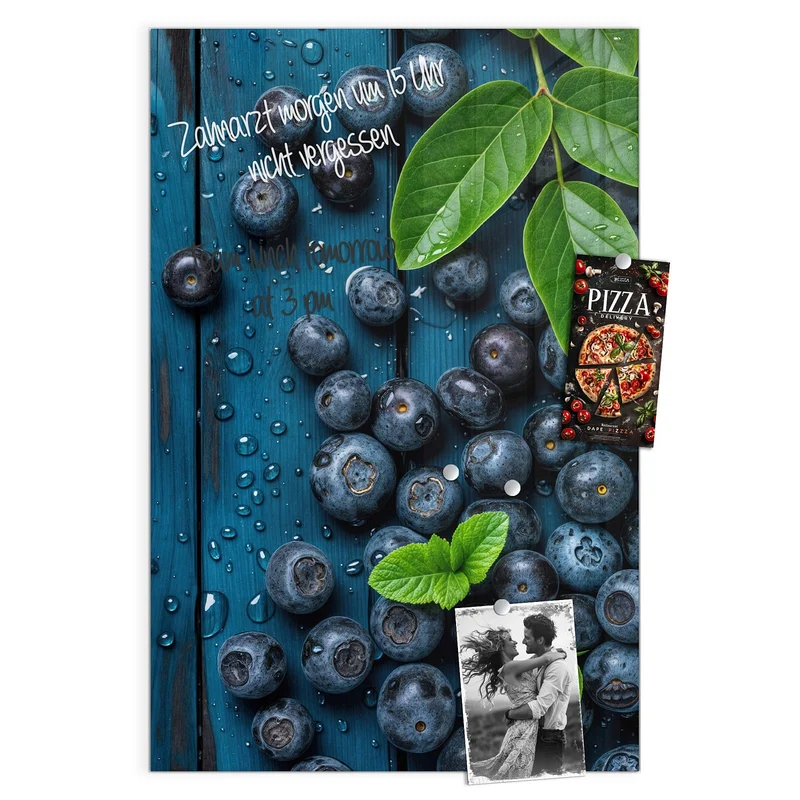 Glas Magnettafel - Blaubeeren auf Holz