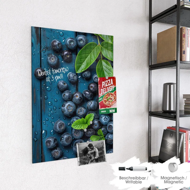 Glas Magnettafel - Blaubeeren auf Holz