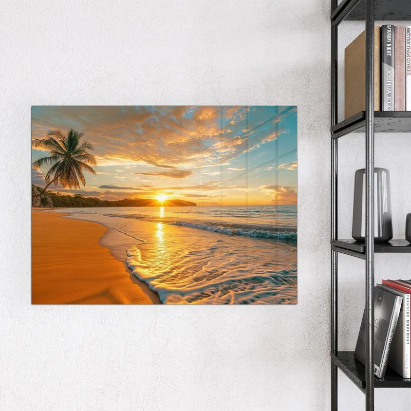 Glas Magnettafel - Palme am Abendstrand