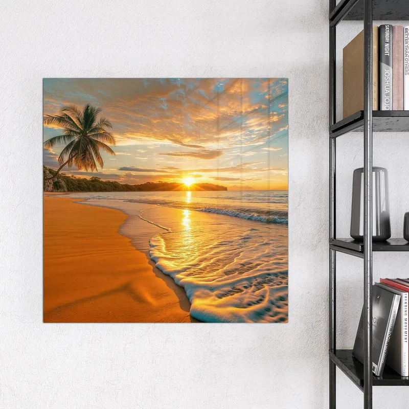 Glas Magnettafel - Palme am Abendstrand