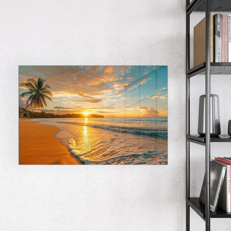 Glas Magnettafel - Palme am Abendstrand
