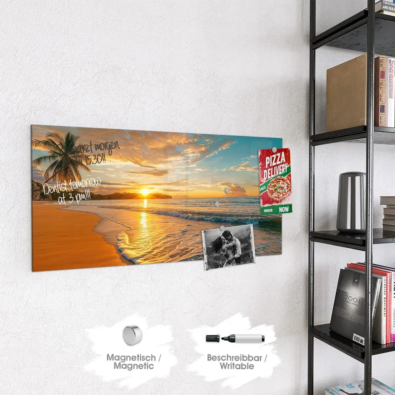 Glas Magnettafel - Palme am Abendstrand