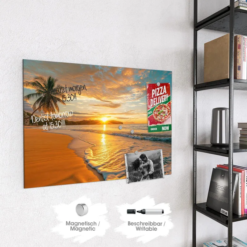 Glas Magnettafel - Palme am Abendstrand