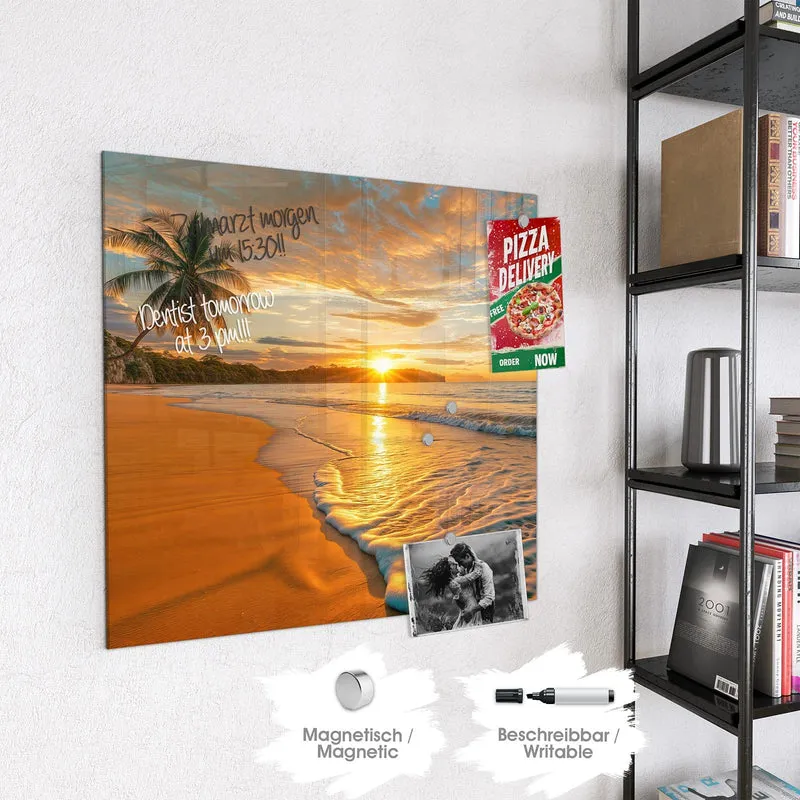 Glas Magnettafel - Palme am Abendstrand