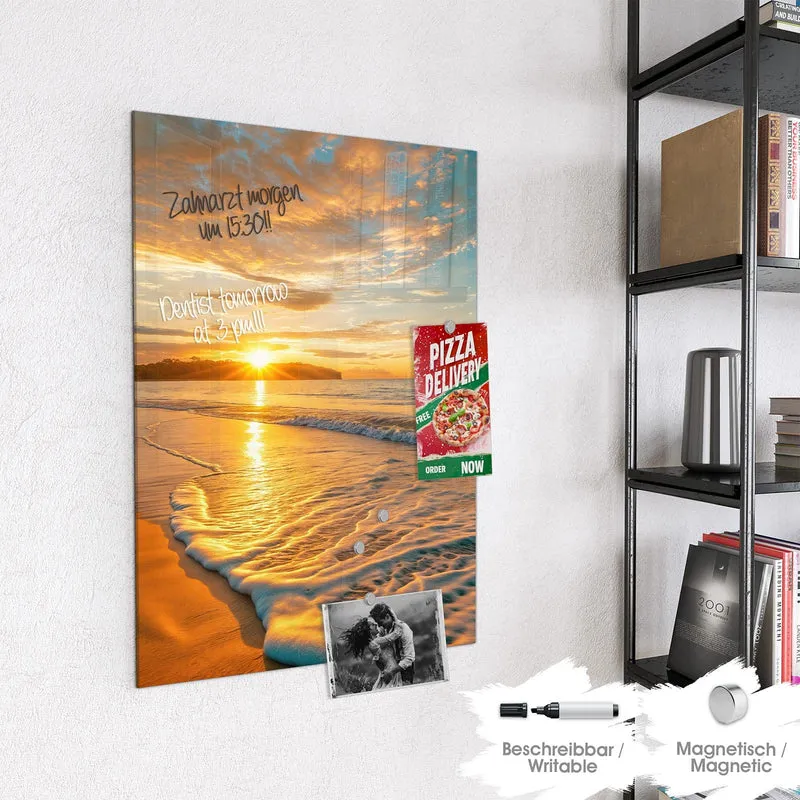 Glas Magnettafel - Palme am Abendstrand