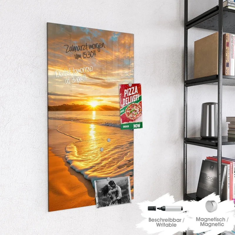 Glas Magnettafel - Palme am Abendstrand