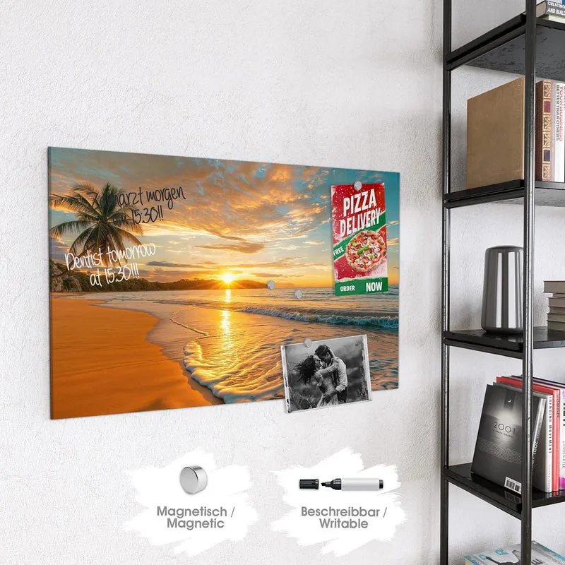 Glas Magnettafel - Palme am Abendstrand
